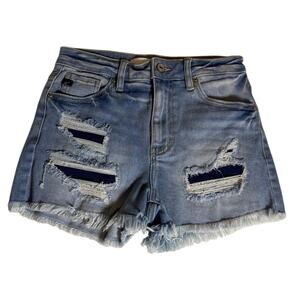 Kancan patched raw hem shorts